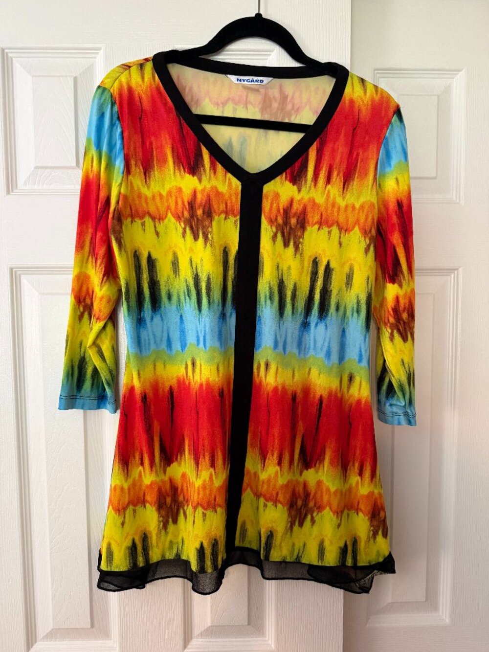 Nygard Multicolor Abstract Tunic Top M Black Sheer Trim